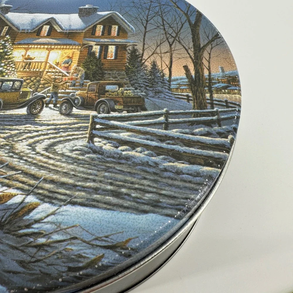 Terry Redlin Holiday Tin Family Traditions Winter Scene 1990 Black Round 7.25in